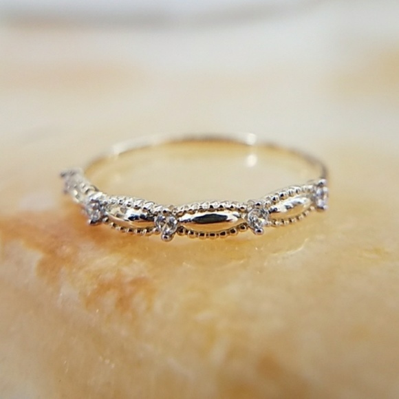 14k Gold dainty Wedding Band Stackable CZ Ring - Picture 8 of 8